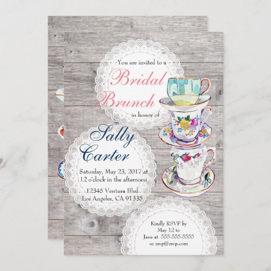 Lace Doilies & Teacups Bridal Brunch Uitnodiging (Voorkant / Achterkant)
