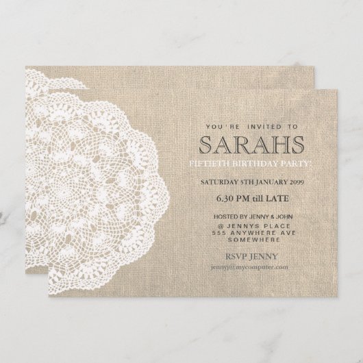 Lace Doily & Burlap 50th Birthday Party Invite Kaart (Voorkant / Achterkant)