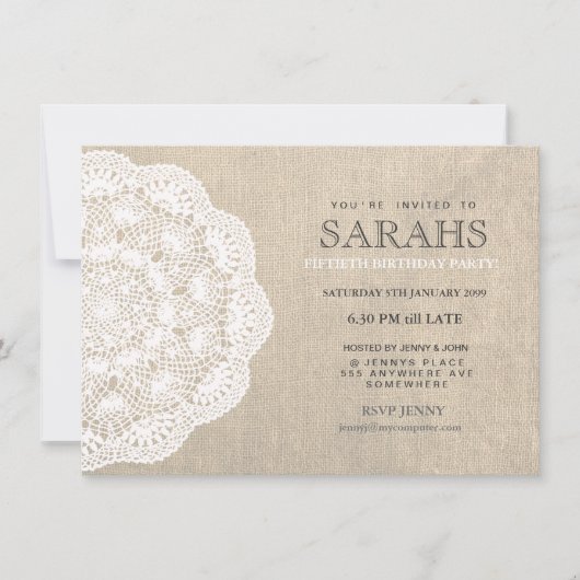 Lace Doily & Burlap 50th Birthday Party Invite Kaart (Voorkant)