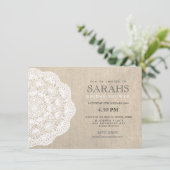 Lace Doily & Burlap Vrijgezellenfeest Party Invite Kaart (Staand voorkant)