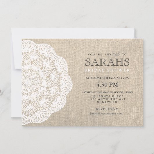 Lace Doily & Burlap Vrijgezellenfeest Party Invite Kaart (Voorkant)