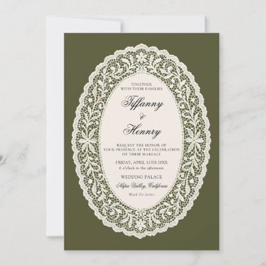 Lace Doily Olive Green Wedding Invitation Kaart (Voorkant)