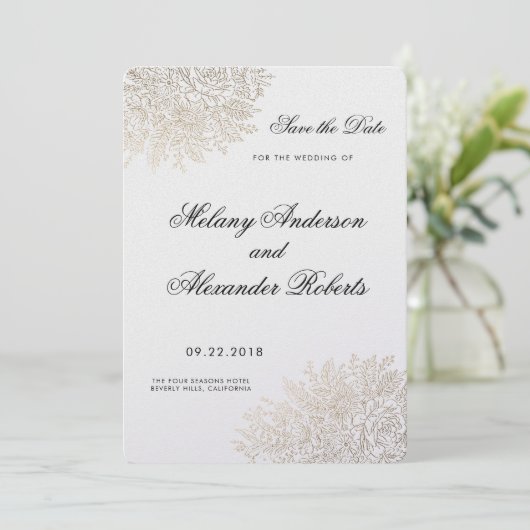  Lace Elegant Gold Foil Bewaar de datum Save The Date (Staand voorkant)