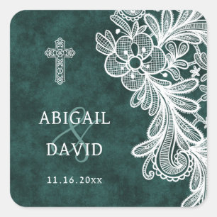 Lace Emerald Green Velvet Religieuze bruiloft Vierkante Sticker