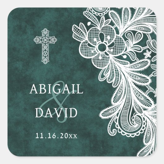 Lace Emerald Green Velvet Religieuze bruiloft Vierkante Sticker (Voorkant)