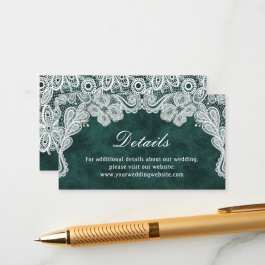 Lace Emerald Green Velvet Wedding Details Website Informatiekaartje (Voorkant / Achterkant in situ)