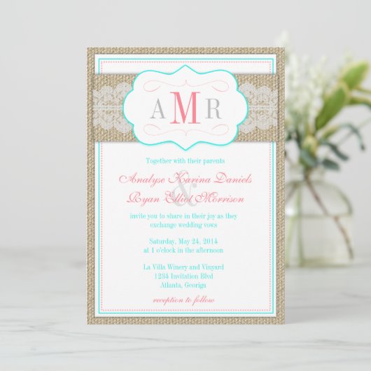 Lace en Burlap Monogram Rustic Wedding Kaart (Staand voorkant)