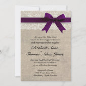 Lace en Burlap Rustic Wedding Invitation - Plum Kaart (Voorkant)
