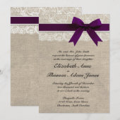 Lace en Burlap Rustic Wedding Invitation - Plum Kaart (Voorkant / Achterkant)