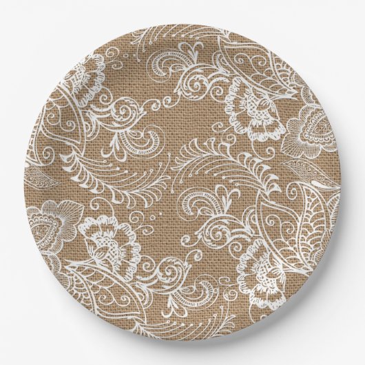 Lace en Burlap Shabby Chic Paper-Borden Papieren Bordje (Voorkant)