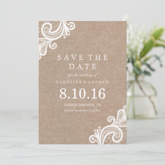 Lace en Burlap Wedding Save the Date Announding (Staand voorkant)
