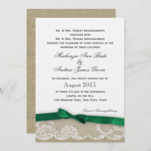 Lace en Emerald Green Bow Wedding Kaart (Voorkant / Achterkant)