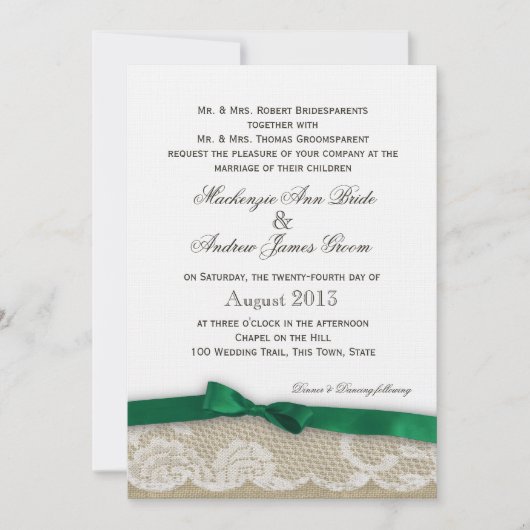 Lace en Emerald Green Bow Wedding Kaart (Voorkant)