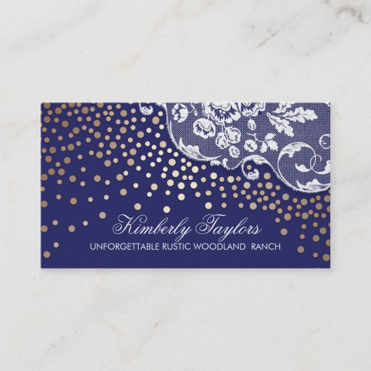 Lace en Gold Confetti Navy  Visitekaartje (Voorkant)