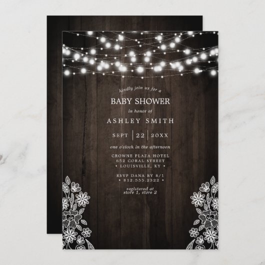 Lace en Hood String Lights Rustisch Baby shower Kaart (Voorkant / Achterkant)