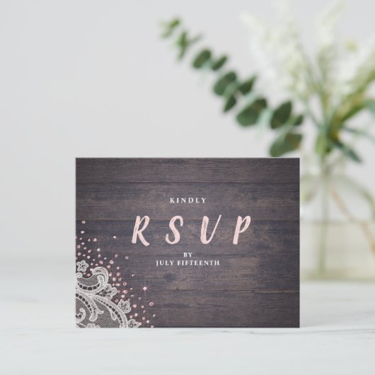 Lace en hout blush glitter rustige bruiloft RSVP Uitnodiging Briefkaart (Staand voorkant)