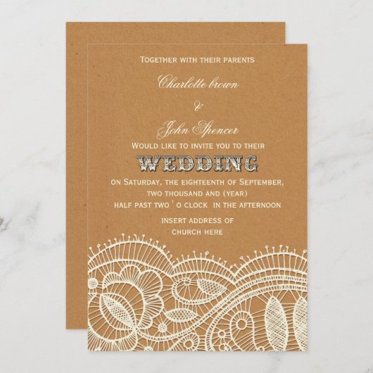 Lace en Kraft Paper Wedding Kaart (Voorkant / Achterkant)