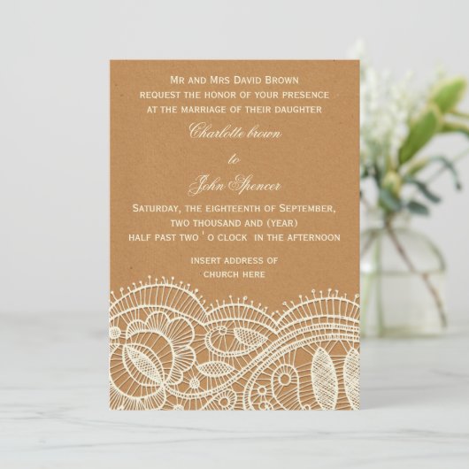 Lace en Kraft Paper Wedding Kaart (Staand voorkant)
