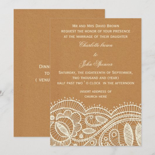 Lace en Kraft Paper Wedding Kaart (Voorkant / Achterkant)
