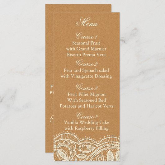 Lace en Kraft Paper Wedding Menu (Voorkant / Achterkant)