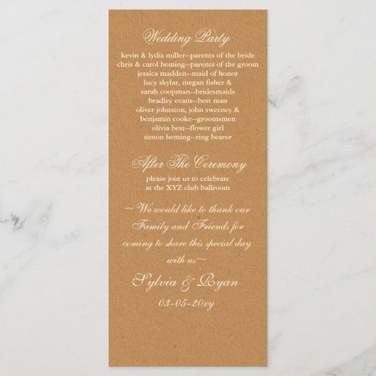 Lace en Kraft Paper Wedding Programmakaart (Achterkant)