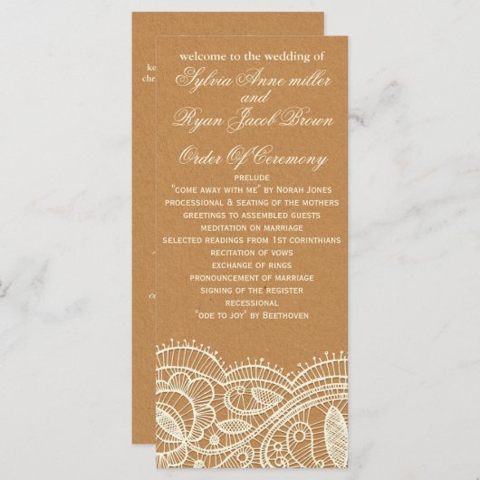 Lace en Kraft Paper Wedding Programmakaart (Voorkant / Achterkant)