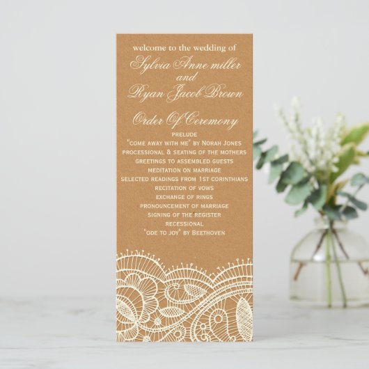 Lace en Kraft Paper Wedding Programmakaart (Staand voorkant)