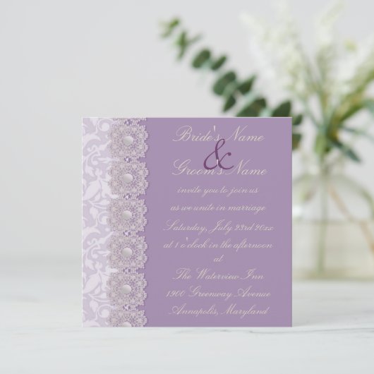 Lace en Pearls Lavender Wedding Invitation Kaart (Staand voorkant)