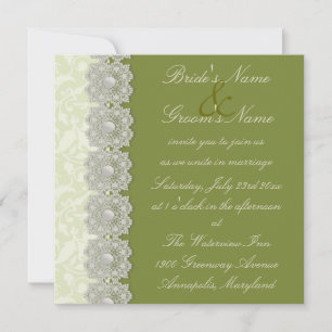 Lace en Pearls Moss Green Wedding Invitation Kaart