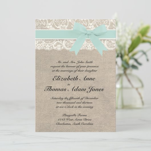 Lace en Rustic Burlap Wedding Invitation Seafoam Kaart (Staand voorkant)