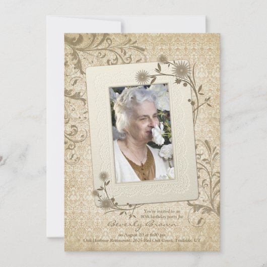  Lace Floral Foto 80th Birthday Uitnodiging (Voorkant)