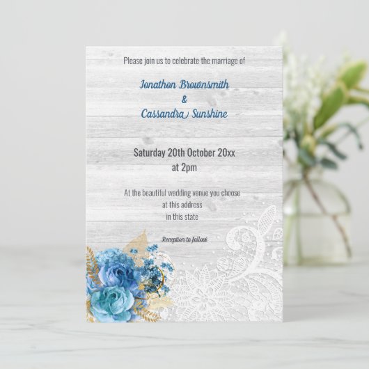 LACE FLORAL NAVY BLUE RUSTIC WEDDING NAVY KAART (Staand voorkant)