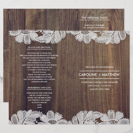 Lace Flowers | Barn Wood Folded Wedding Programs (Voorkant / Achterkant)