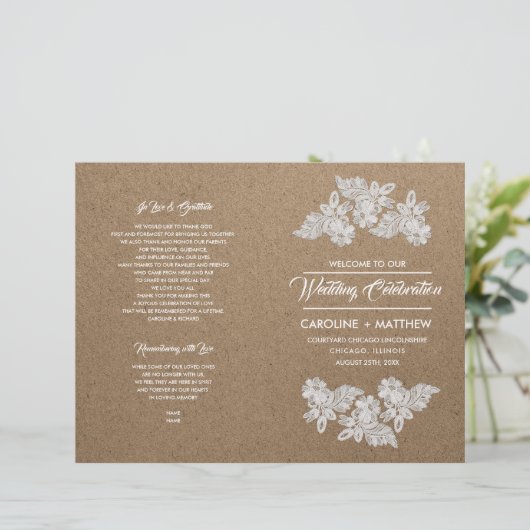 Lace Flowers | Kraft Paper Folded Wedding Programs (Staand voorkant)
