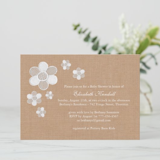  Lace Flowers op Burlap Baby shower nodigen uit Kaart (Staand voorkant)