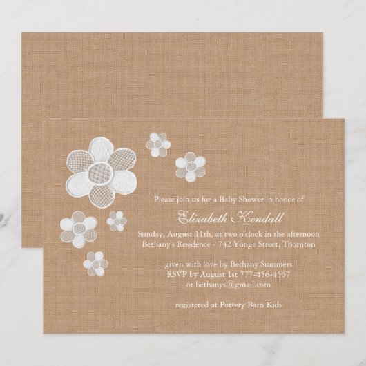  Lace Flowers op Burlap Baby shower nodigen uit Kaart (Voorkant / Achterkant)