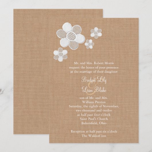 Lace Flowers op Burlap Wedding Invitation Kaart (Voorkant / Achterkant)