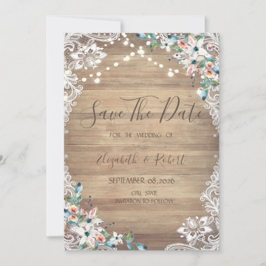 Lace Flowers Wood Texture, Lights Save The Date (Voorkant)