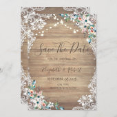 Lace Flowers Wood Texture, Lights Save The Date (Voorkant / Achterkant)