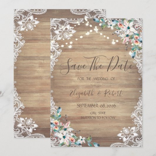 Lace Flowers Wood Texture, Lights Save The Date (Voorkant / Achterkant)