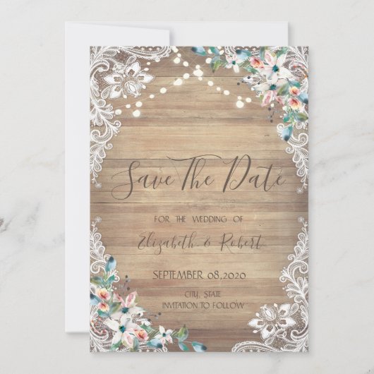 Lace Flowers Wood textuur, licht sparen de datum Save The Date (Voorkant)