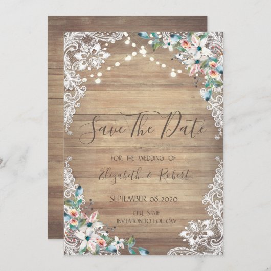Lace Flowers Wood textuur, licht sparen de datum Save The Date (Voorkant / Achterkant)