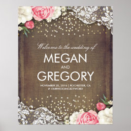 Lace Gold Burlap en Flowers Wedding Welcome Sign Poster