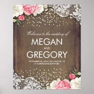 Lace Gold Burlap en Flowers Wedding Welcome Sign Poster