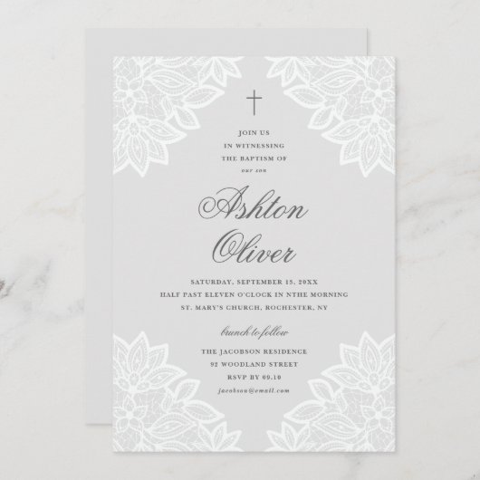  Lace Gray Religious Baptism & Christening Aankondiging (Voorkant / Achterkant)