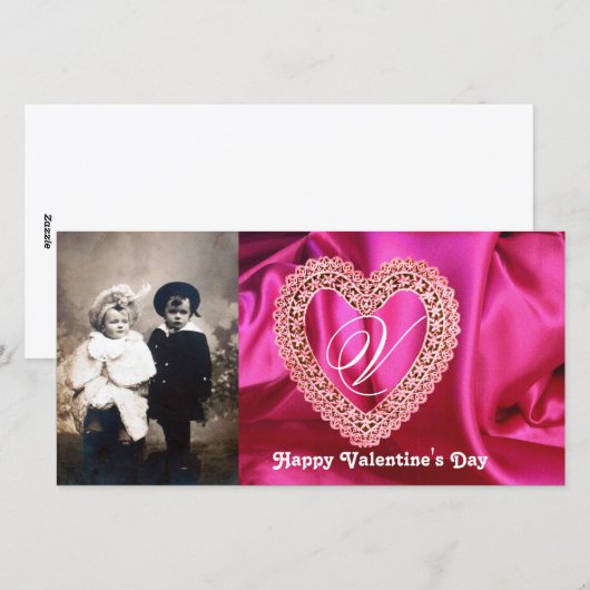 LACE HEART MONOGRAM SILK FUCHSIA CLOTH, Pink Red Feestdagenkaart (Voorkant / Achterkant)