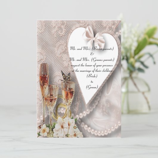 Lace & Hearts Invitation Kaart (Staand voorkant)