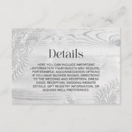 Lace hout bruiloft details informatiekaartje