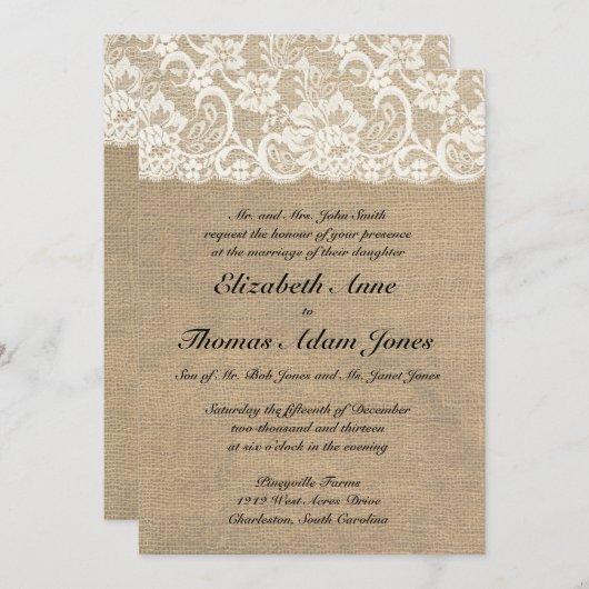  Lace Kijk & Burlap Weddenschap Kaart (Voorkant / Achterkant)