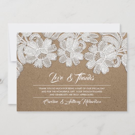 Lace | Kraft Paper Weddenschap Hartelijk dank Bedankkaart (Voorkant)